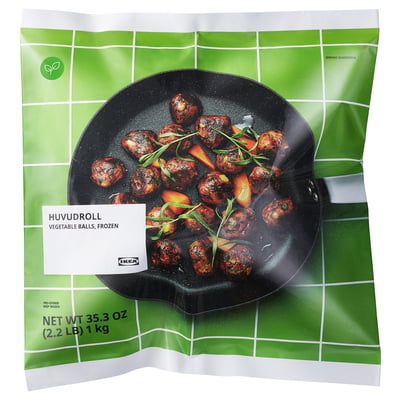 IKEAs HUVUDROLL vegetable balls package; shows cooked food in pan, green and white background.