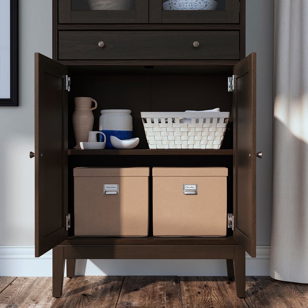 IDANÄS High cabinet w gls-drs and 1 drawer, dark brown stained, 81x39x211 cm