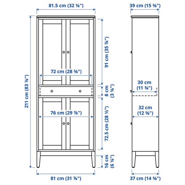 IDANÄS High cabinet w gls-drs and 1 drawer, white, 81x39x211 cm