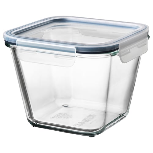IKEA 365+ clear glass container with blue lid, square shape and snap-lock design for storage or transport.