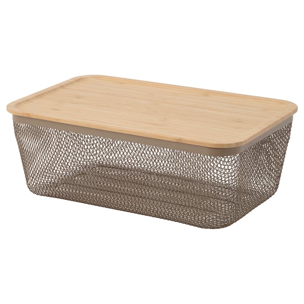 IKEA 365+ storage basket, rectangular, mesh steel, bamboo lid, light brown, organises kitchen items, stackable.