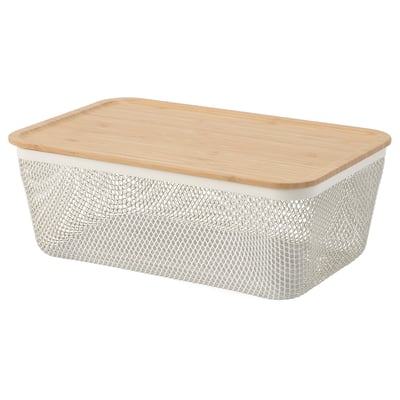 White mesh IKEA 365+ food basket with bamboo lid, rectangular shape.