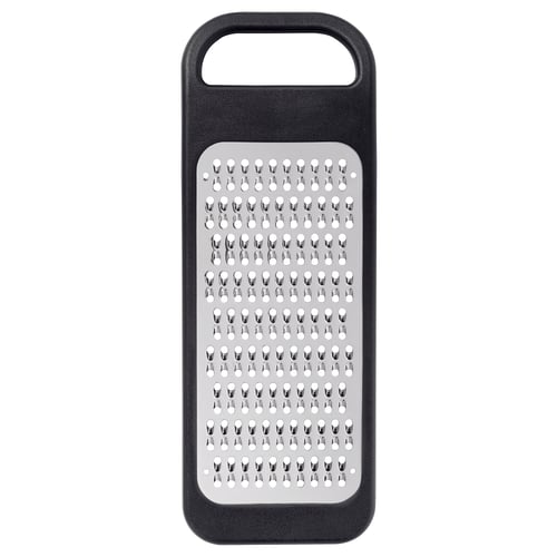 Black IKEA 365+ grater with stainless steel surface and plastic handle, rectangular shape for safe and efficient grating.