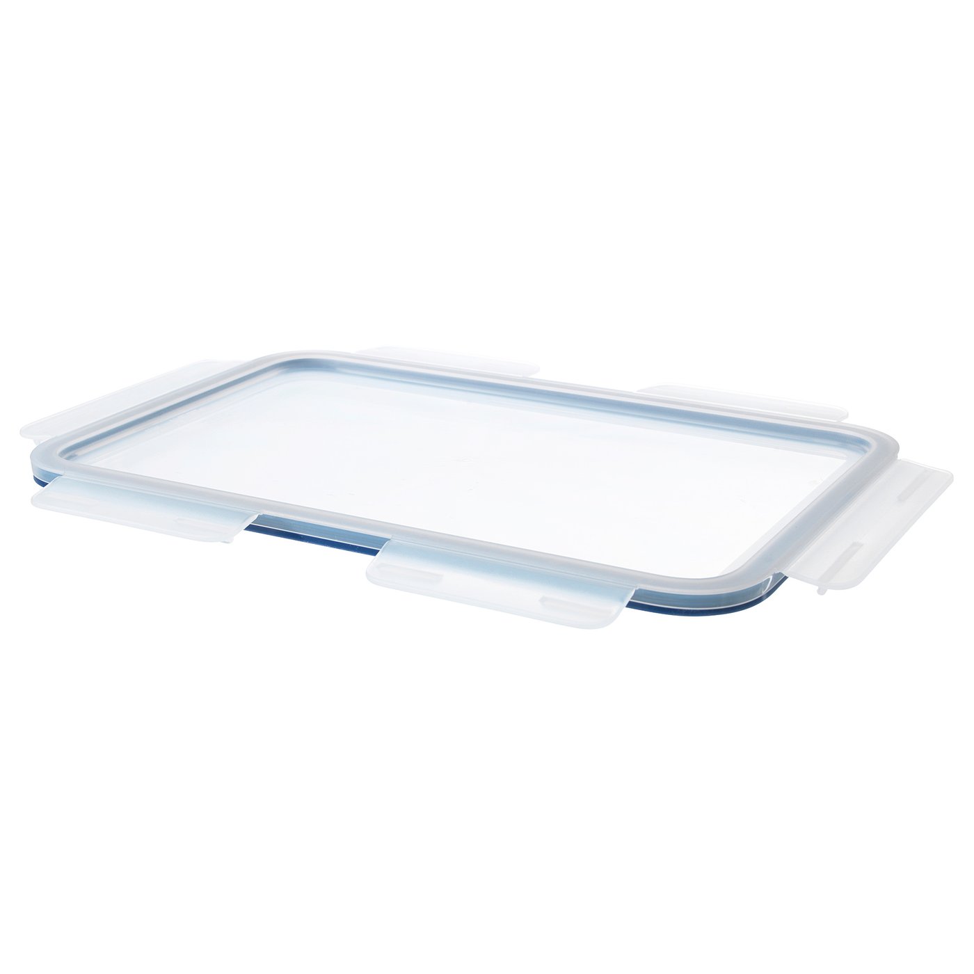 A clear, blue-tinted rectangular lid with snap-and-lock seals, designed by ikea for their 365+ series food containers.