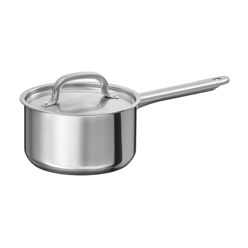 IKEA 365+ stainless steel saucepan with lid, round design, long handle.