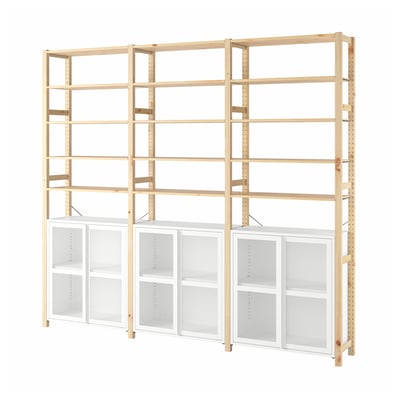 IVAR 3 sections/cabinet/shelves, pine/white mesh, 259x30x226 cm