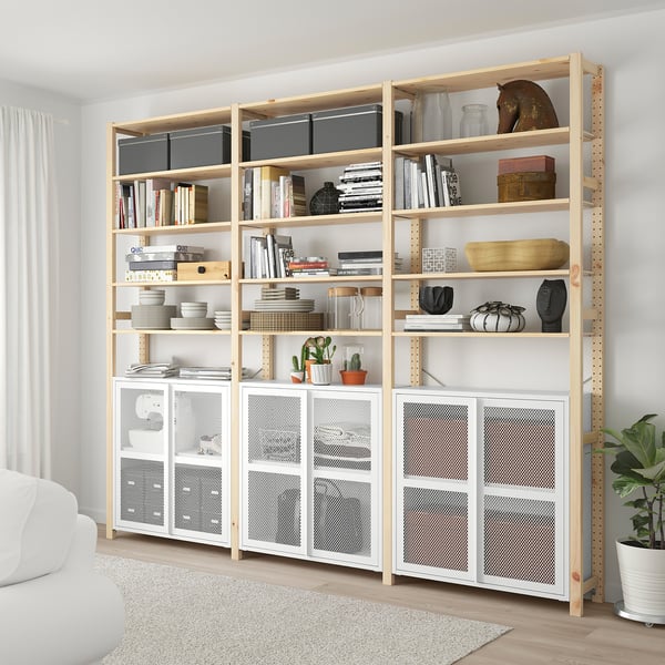 IVAR 3 sections/cabinet/shelves, pine/white mesh, 259x30x226 cm