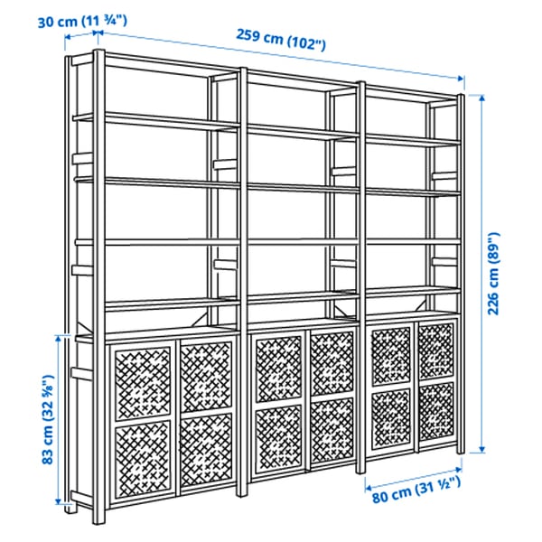 IVAR 3 sections/cabinet/shelves, pine/white mesh, 259x30x226 cm