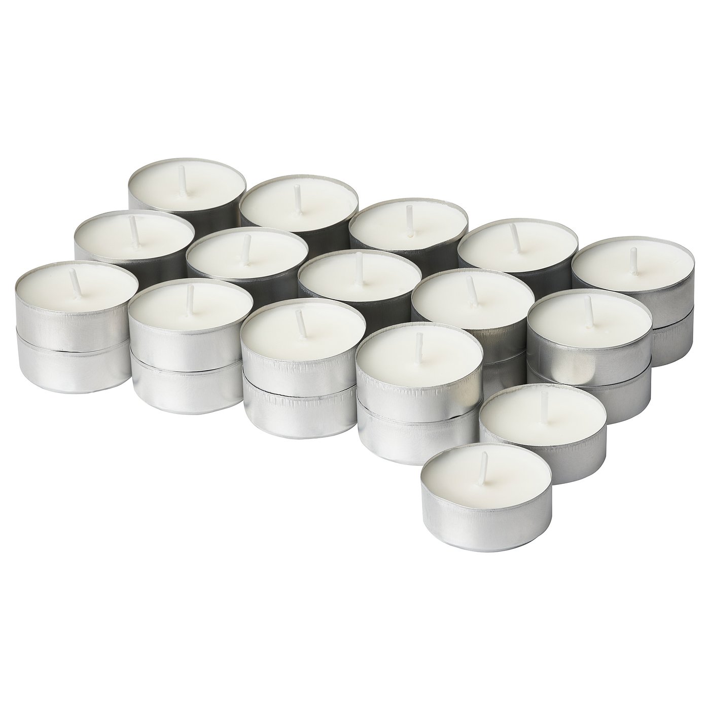 Group of white JÄMLIK scented candles in silver holders, arranged in a cluster.