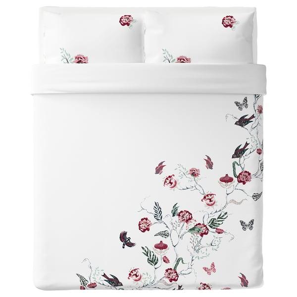 JÄTTELILJA Duvet cover and pillowcase(s), white/floral patterned, Full/Queen (Double/Queen)