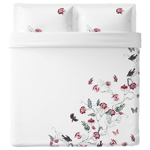 JÄTTELILJA Duvet cover and pillowcase(s), white/floral patterned, King