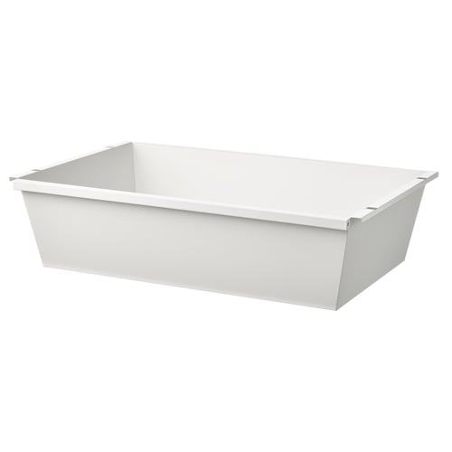 A JOSTEIN white metal container. Its rectangular, durable, and moisture-resistant. Great for both indoor and outdoor use.