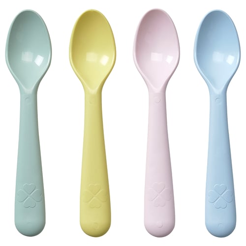 Four coloured spoons with textured grips and heart emblems.