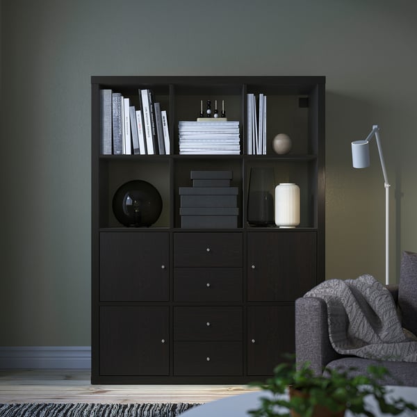 KALLAX Shelving unit, with 4 doors/4 drawers/black-brown, 112x147 cm