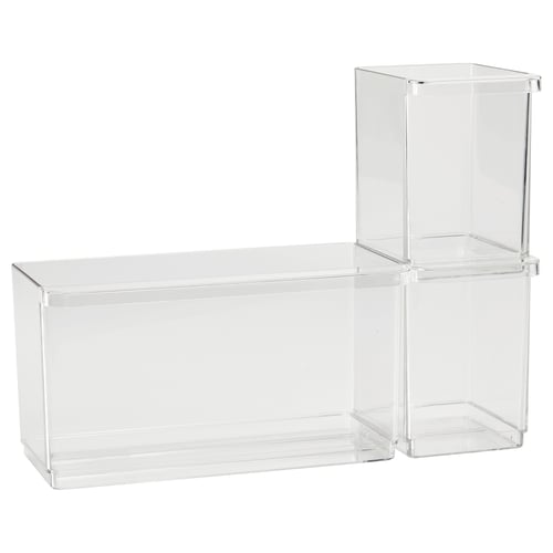 Two clear, stackable acrylic fridge organisers with handles.