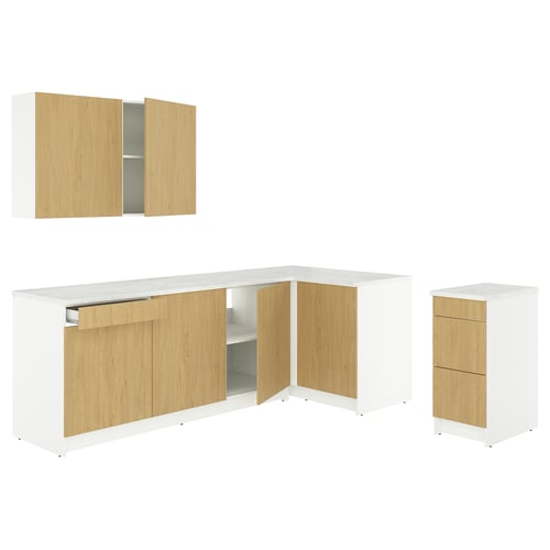 Modern white and oak kitchen set with l-shaped counter, wall cabinet, and drawer unit; clean, minimalist design.