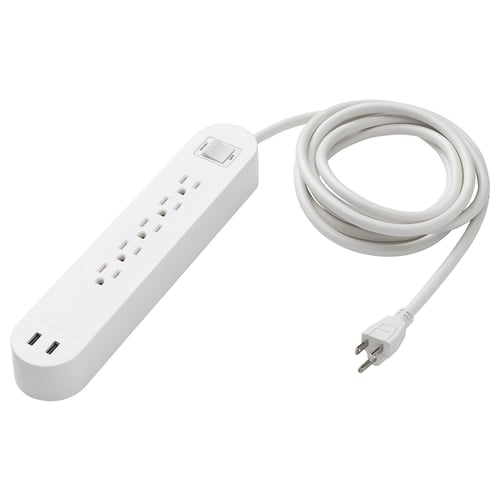 A KOPPLA white surge protector with multiple outlets and two usb ports for charging devices. It has a rectangular shape and a power cord.