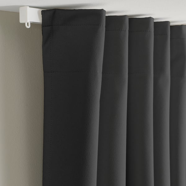 KORGMOTT Block-out curtains, 1 pair, dark grey/with heading tape, 145x250 cm