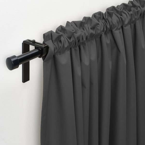 KORGMOTT Block-out curtains, 1 pair, dark grey/with heading tape, 145x250 cm