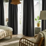 KORGMOTT Block-out curtains, 1 pair, dark grey/with heading tape, 145x250 cm