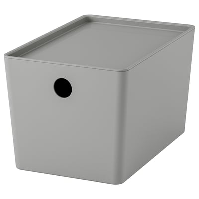 Grey KUGGIS recycling storage box, rectangular, circular handle, organises desk items.