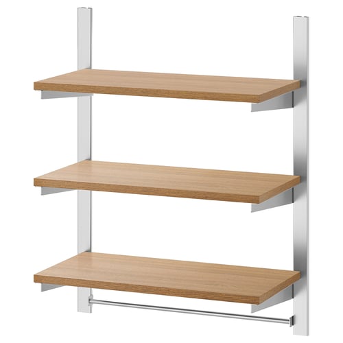 An ikea KUNGSFORS wall shelf, featuring three wooden shelves with stainless steel brackets and a towel rod beneath the bottom shelf.
