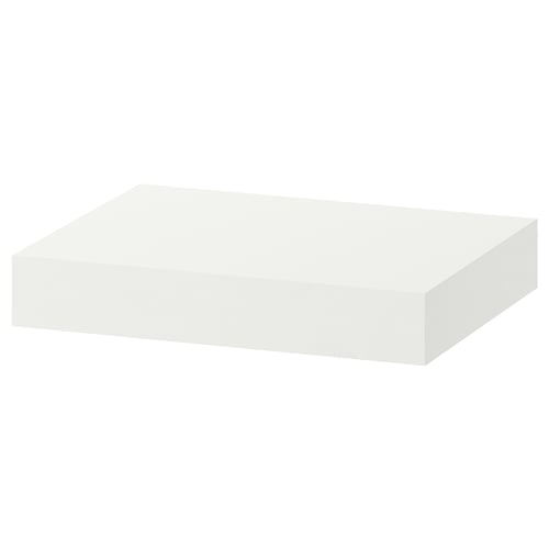 A white wall-mounted rectangle shelf by IKEA, sleek and modern.