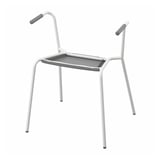 LÄKTARE: white metal chair with grey handles and tray. Simple, modern design.