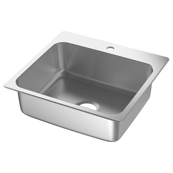 A stainless steel LÅNGUDDEN sink, rectangular and deep, with rounded edges and a single drain hole.