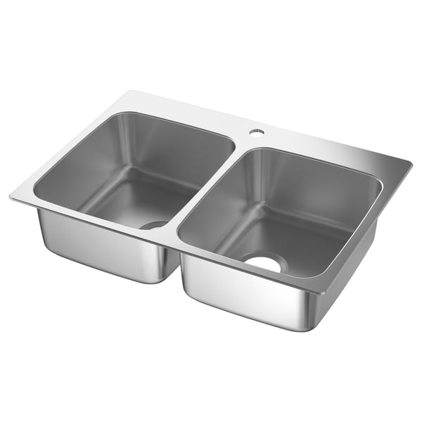 A double stainless steel sink, LÅNGUDDEN. It is rectangular with flat sides and rounded corners.