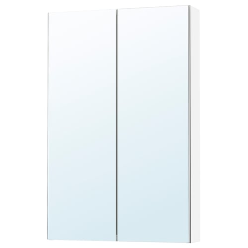 Wall-mounted storage cabinet with mirrored doors, modern design, space-efficient, safety film on glass.