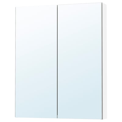 White mirrored cabinet for bathroom storage, reflects light for brightness.