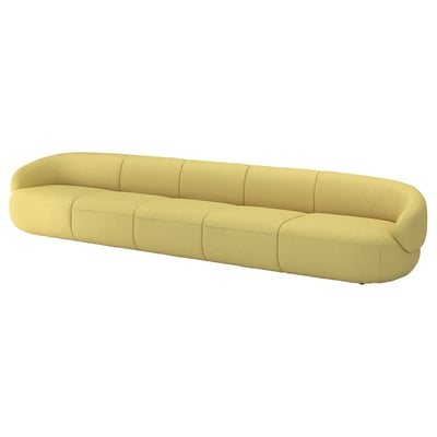 Caption: modern plush yellow sofa, curved design, soft fabric, comfy cushions.