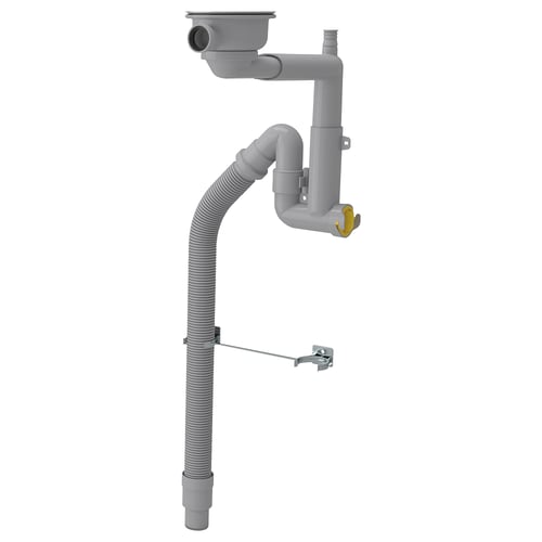 A grey LILLVIKEN bathroom drain system made of polypropylene, with a flex hose and stainless steel strainer.