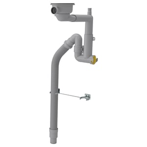A grey LILLVIKEN bathroom drain system made of polypropylene, with a flex hose and stainless steel strainer.
