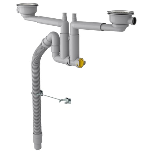 LILLVIKEN grey plumbing system with tubes, flexible hose, cleaning plug, and strainers.