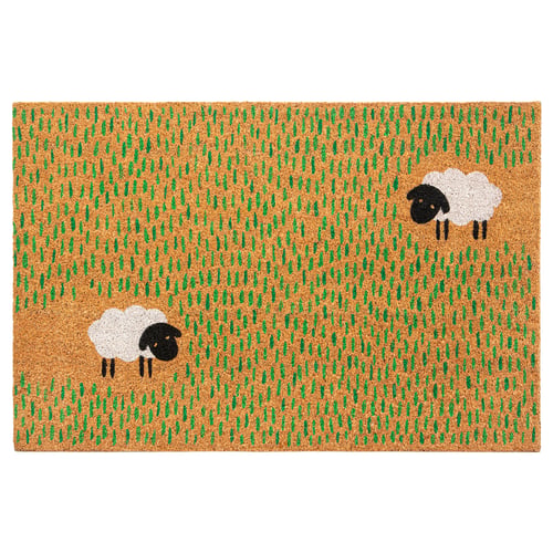 LÖGE doormat, brown with green grass design, rectangular, two black sheep on white background, durable coir material.