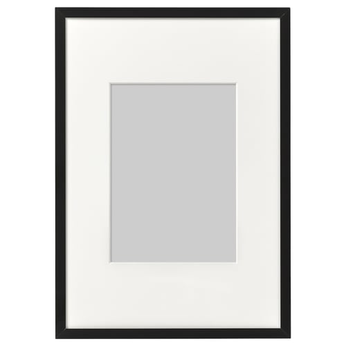 Black picture frame with grey mat, rectangular, thin edge.