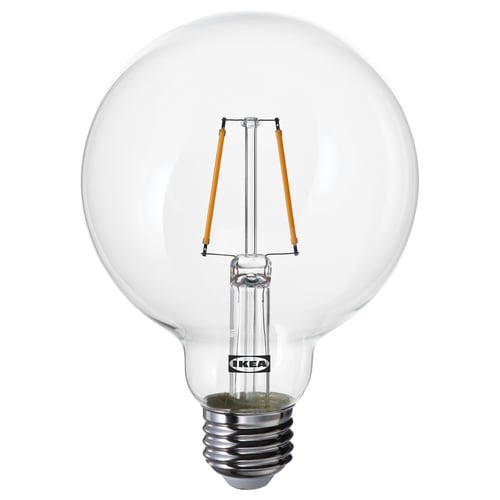 Ikea LUNNOM led bulb, clear, globe shape, warm white light.