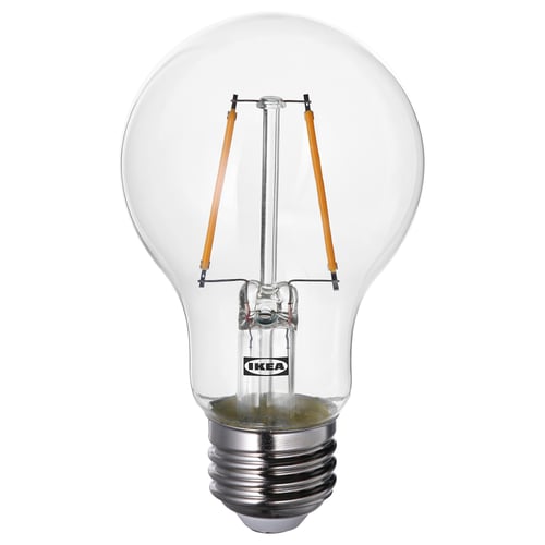 Ikea LUNNOM light bulb, clear glass, warm white led, retro style with visible filaments.