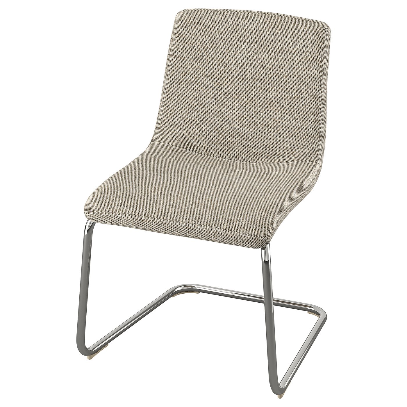 Modern grey upholstered chair, chrome legs, curved back.