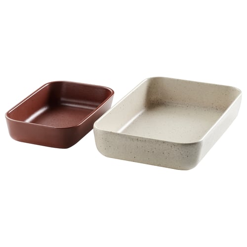 Two ceramic oven dishes in red and light grey, rectangular shape, simple design, suitable for serving and baking.