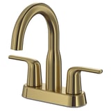 Gold-colored tap with sleek curved design, stainless steel and metallic finish, smooth surfaces for easy cleaning, centerset style for washbasin.