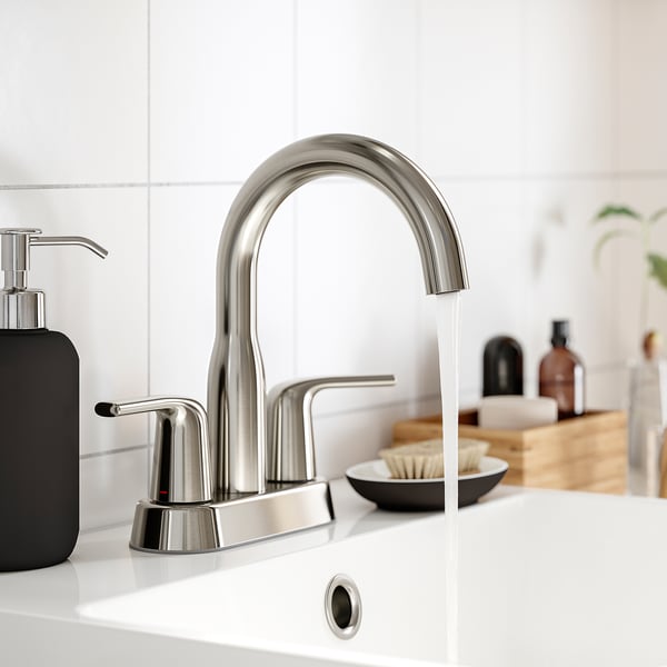 Modern stainless steel tap with sleek curves and water flowing, set on a white sink, surrounded by various soap dispensers and brushes.