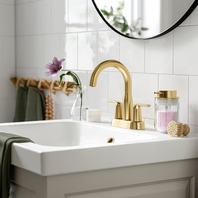Gold centerset washbasin mixer tap, sleek and curved, matching white sink and tiles. Smaller than mirror and sink, larger than nearby jar and brush.