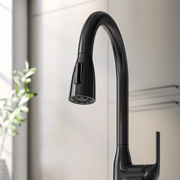 Black kitchen tap with pull-down sprayer, sleek design, high-arc gooseneck spout.