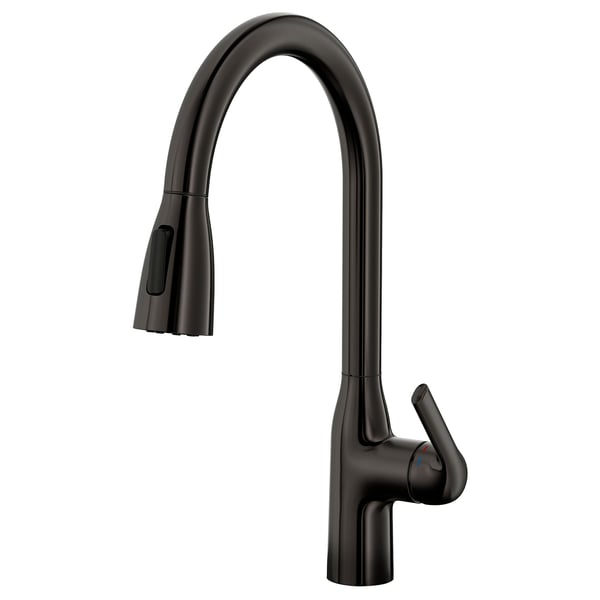 Black kitchen tap with curved spout, pull-down spray, stainless steel & zinc, modern design.