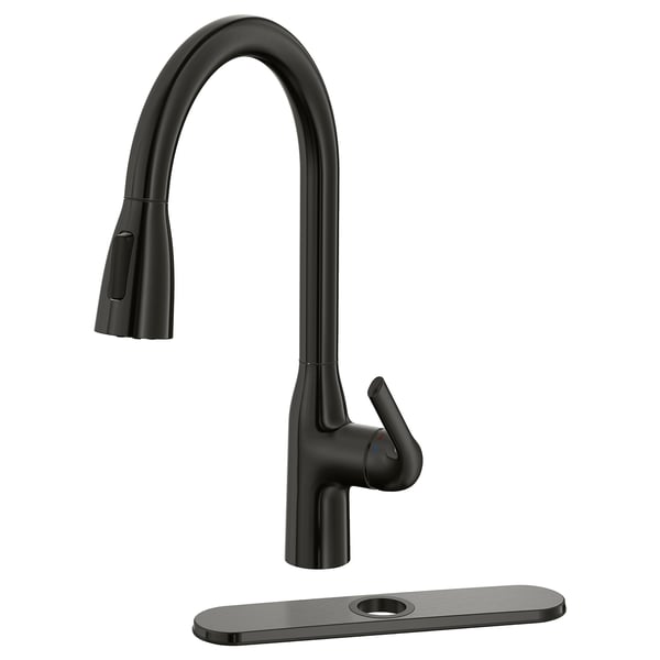 A black MACKSJÖN kitchen tap with a high arc spout and a pull-down spray head, featuring a sleek, modern design.
