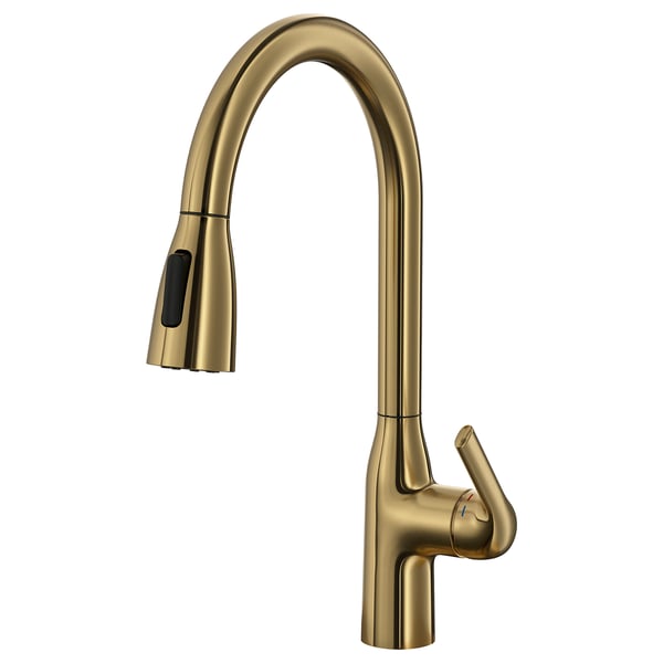 Gold-colored kitchen tap with pull-down sprayer, high arc gooseneck, single handle.