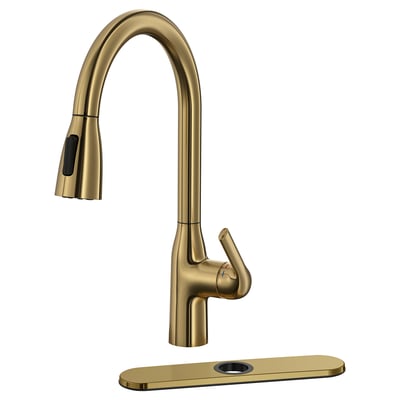 Golden kitchen tap with pull-down sprayer, sleek curved neck, metallic finish.